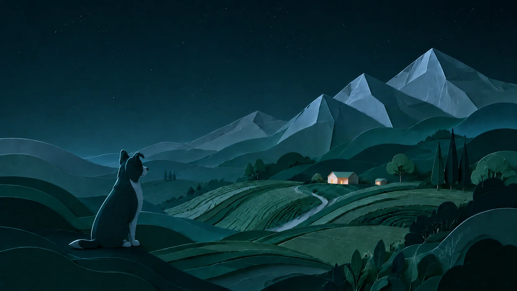 The paper farm at night, the house lit, Buddy keeping watch